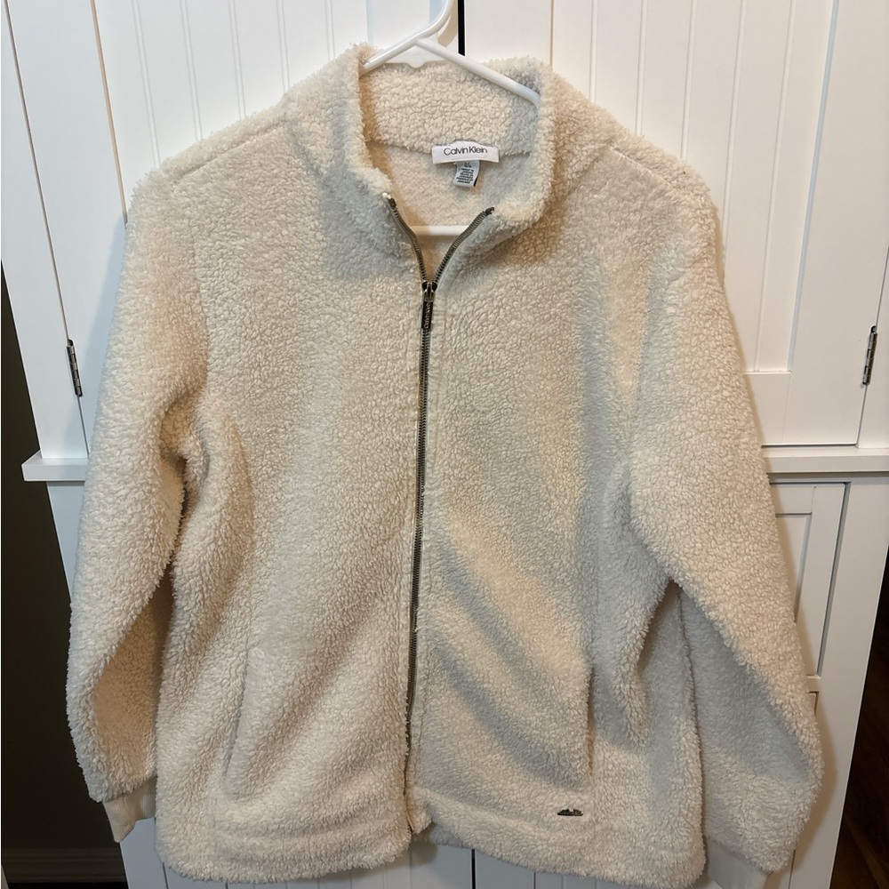 Calvin Klein Sherpa Teddy Fleece Jacket Size L Cream Cozy Chic